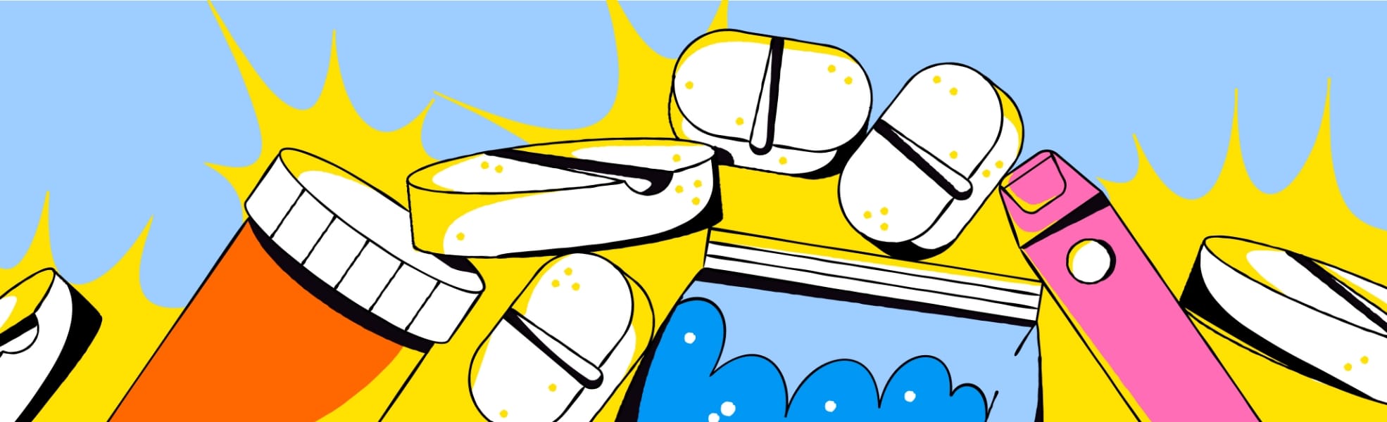 Various pills, pill bottles, and a vape