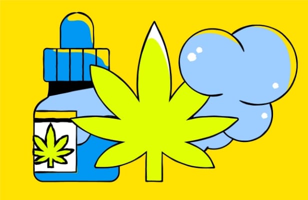 A cannabis leaf, a bottle of oil and a puff of smoke