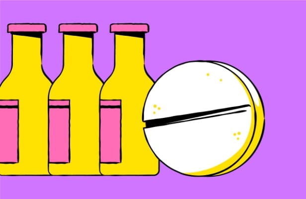 Bottles of alcohol and a round pill
