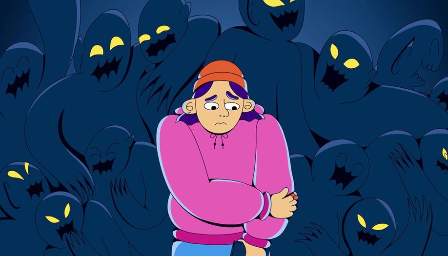 A teen looks scared surrounded by shadow monsters