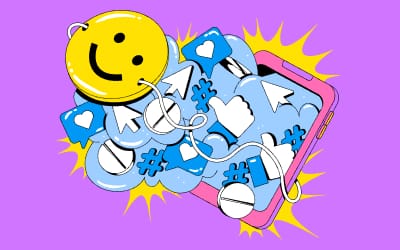 Illustrations spilling from a cell phone