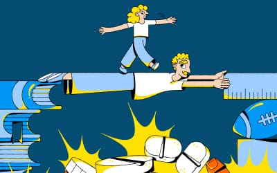 A cartoon of a child walking over an adult stretched out like a bridge over a chasm of pills.