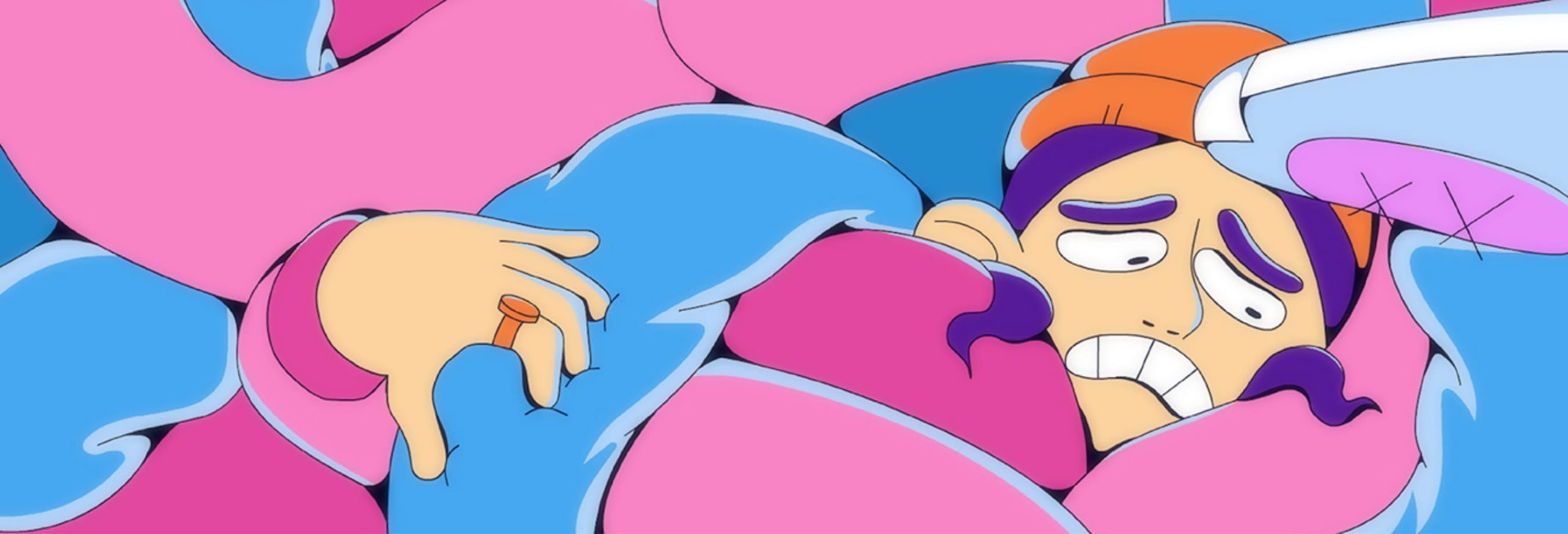 A cartoon person whos body is folded up on itself with a worried look on their face.