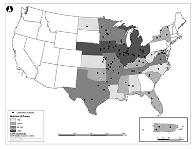 Map of the United States showing the locations of 105 histoplasmosis outbreaks that happened during 1938–2013 and the number of outbreak-related cases by state or territory. Outbreaks occurred in the Eastern half of the United States. States with the most outbreak-related cases were: Indiana, Ohio, Iowa, Michigan, Illinois, and Nebraska. 