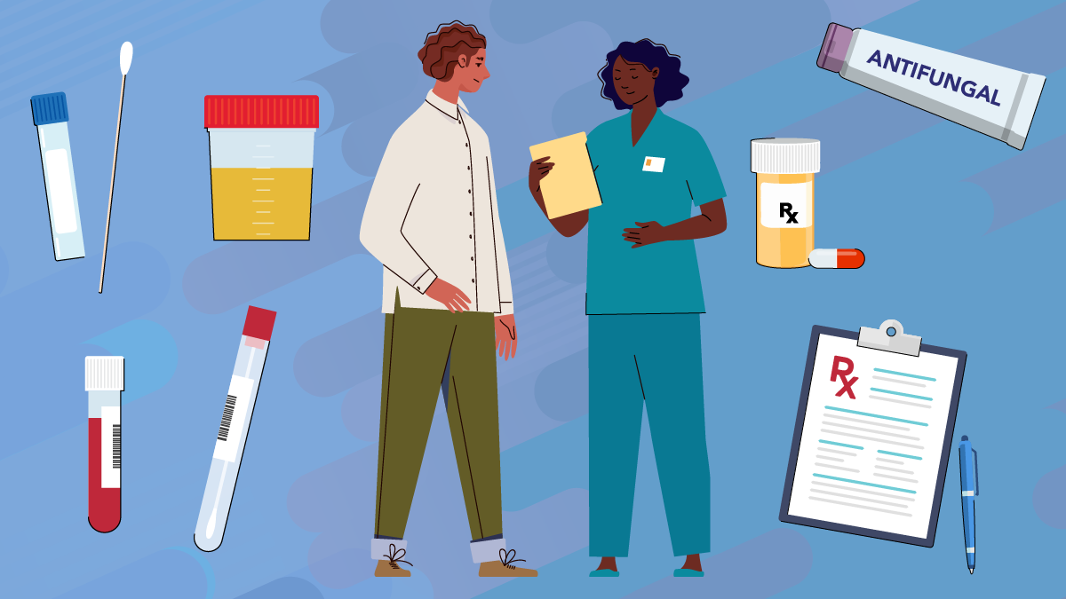 A doctor and patient are talking with assorted medical testing materials on the left and antifungals on the right.