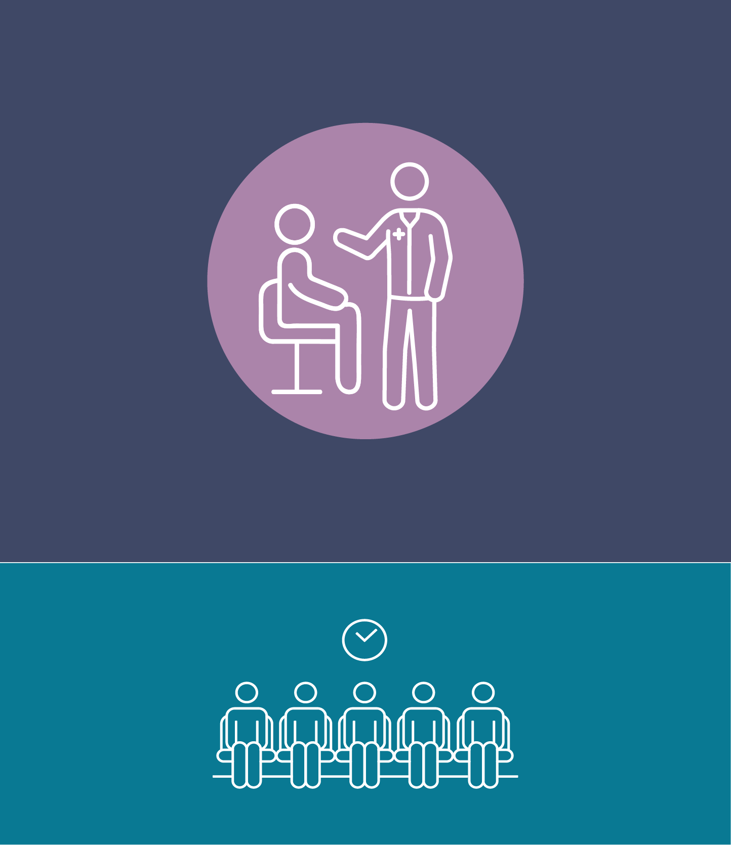 Top of the graphic shows a doctor examining a patient and the bottom of the graphic shows five patients in a waiting room.