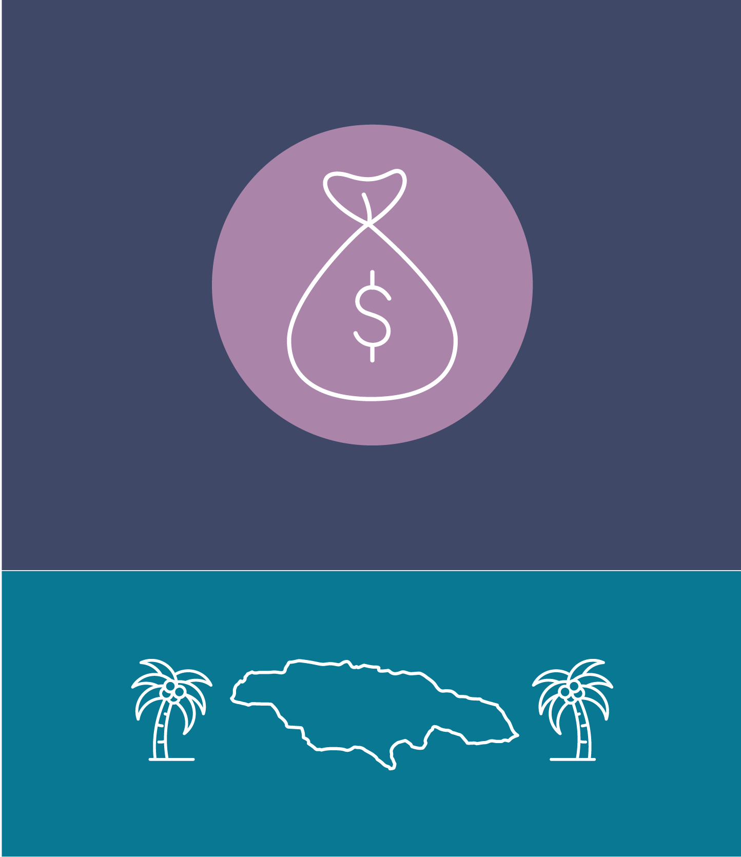 The top of the graphic shows a bag of money and the bottom shows an outline of the map of Jamaica and palm trees.