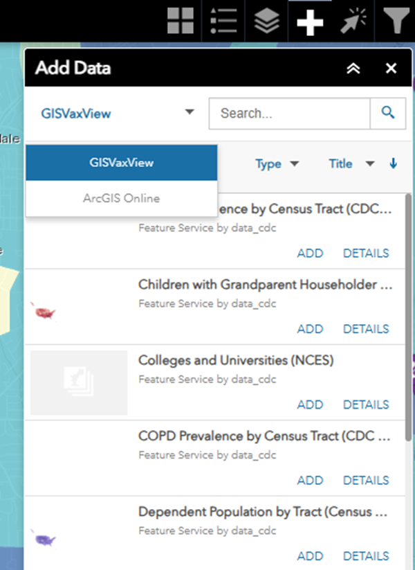 Step 3. Add data from the GISVaxView curated list or ArcGIS Online.