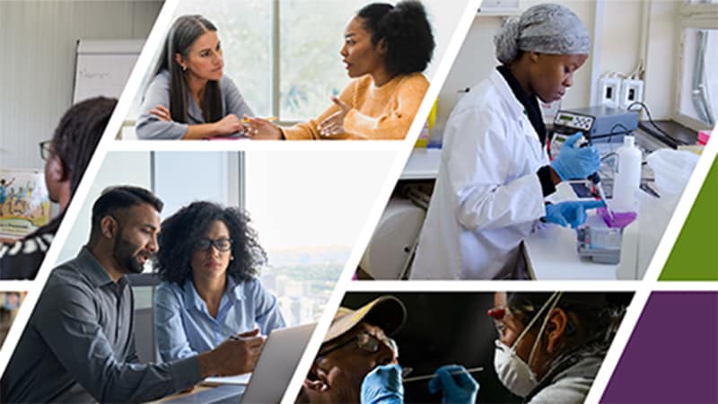 Collage of images. It includes a woman in a laboratory, a woman and a man in front of a computer, two women talking and a healthcare worker taking a nose swab from a patient.