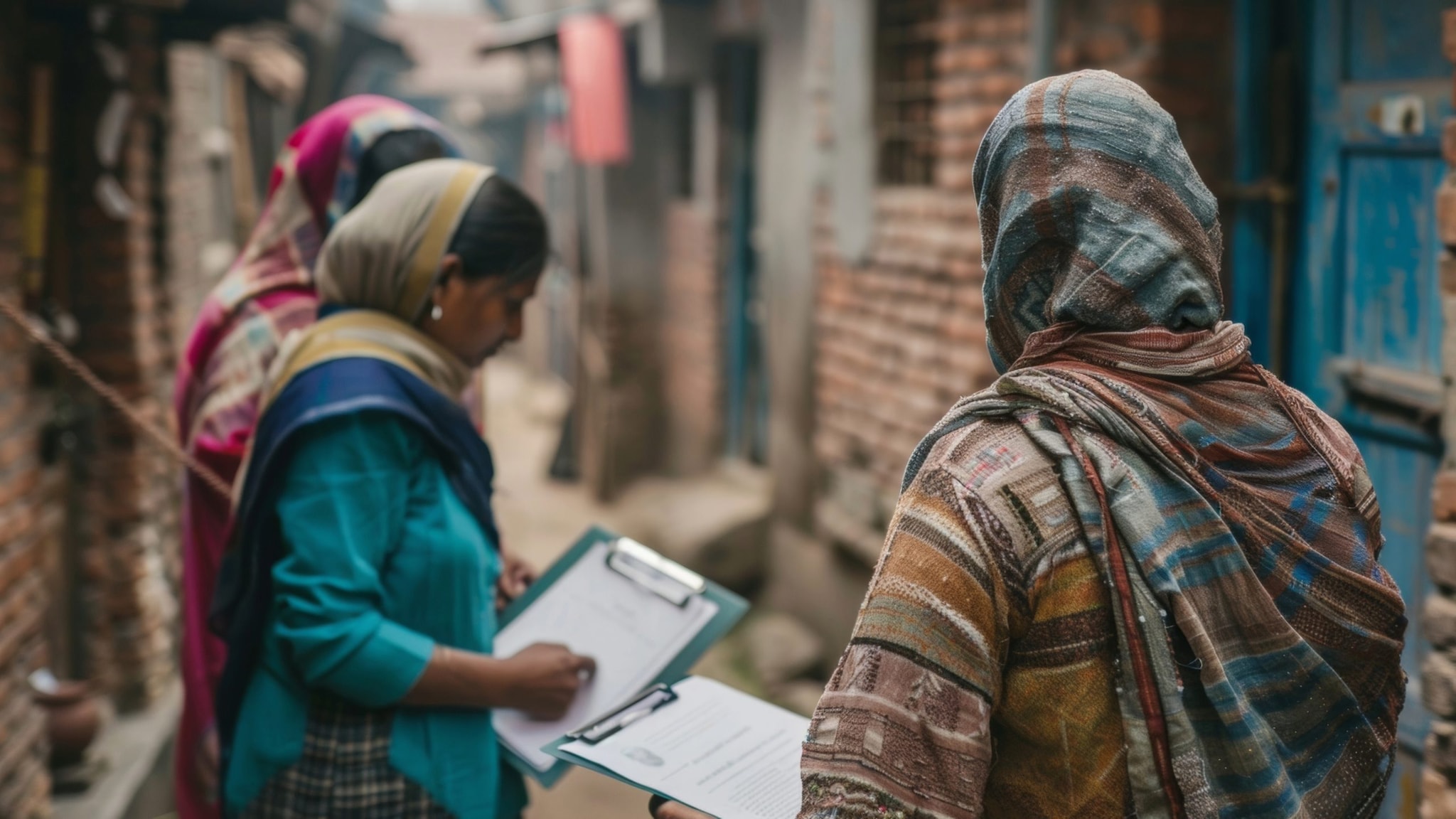 epidemiologists conducting a field investigation in a remote village, walking through narrow alleyways holding notepads