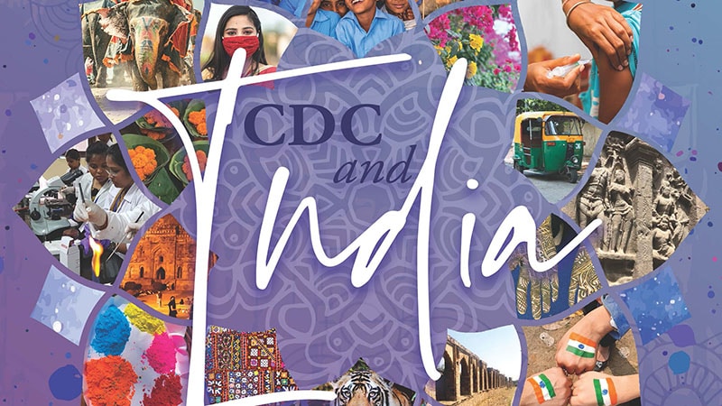 CDC and India report cover featuring images of Indian culture, health initiatives, and historical landmarks.