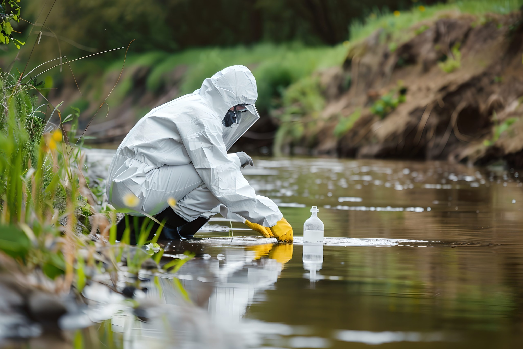 A man in white protective gear and yellow gloves fills a bottle with water.