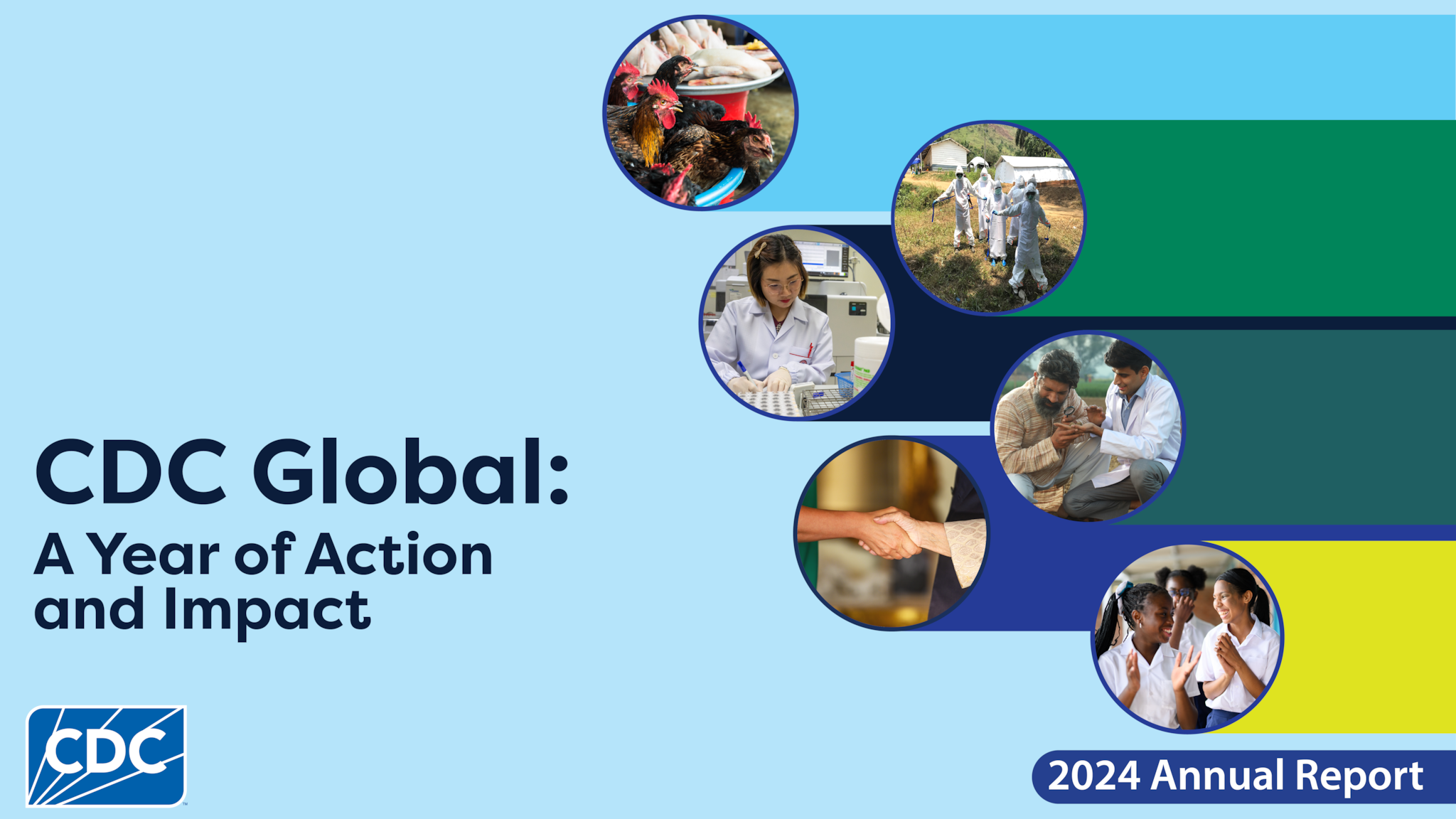 Cover art of the 2024 CDC Global Annual Report with the title 'CDC Global: A Year of Action and Impact.' The design features a light blue background with six circular images depicting various activities, such as lab work, healthcare, field responses, two hands shaking, and women smiling. The CDC logo appears in the bottom left corner.