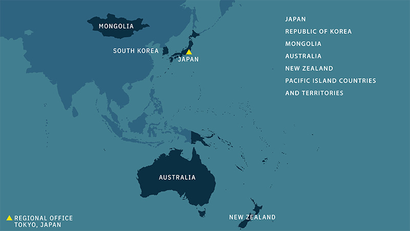 Map of countries in the EAP region: Japan, Republic of Korea, Mongolia, Australia, New Zealand, Pacific Island countries and territories