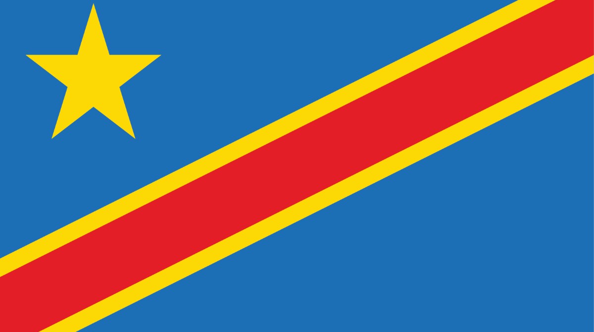 Sky blue background divided diagonally from the lower left corner to upper right corner by a red stripe bordered by two narrow yellow stripes. A yellow, five-pointed star appears in the upper left corner.