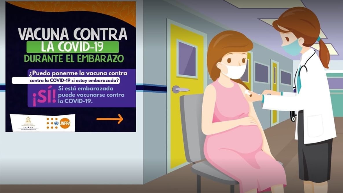 This image depicts a graphic illustration used in a TV commercial that tells pregnant women how COVID-19 vaccines protect them and their unborn child.