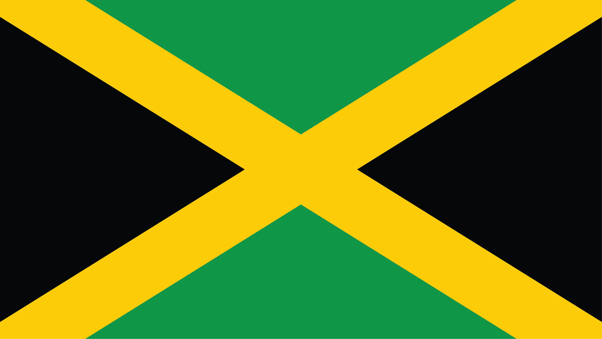 The Jamaican flag showing a yellow X that expands to each of the corners of the flag. There is solid green filling in the area above and below the X. Solid black is filled in the space on the left and right of the X.