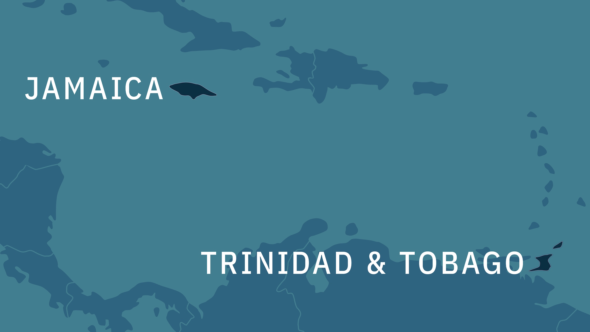 Map of Caribbean region. Jamaica, Trinidad, and Tobago are in dark blue. White text overlays the graphic with names of the countries