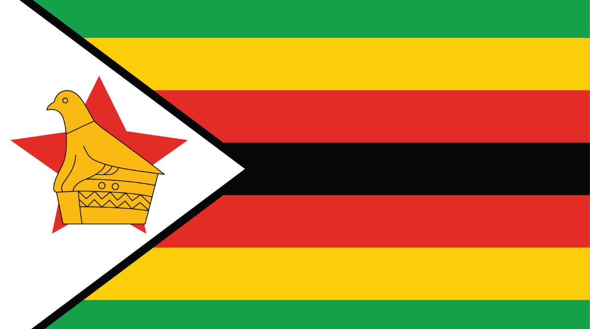 The flag of Zimbabwe consists of seven horizontal stripes of green, yellow, red, black, red, yellow, and green from top to bottom. In the top-left corner, there is a white triangle pointing towards the center of the flag, bordered by a thin black stripe. Inside the triangle, there is a representation of a bird.