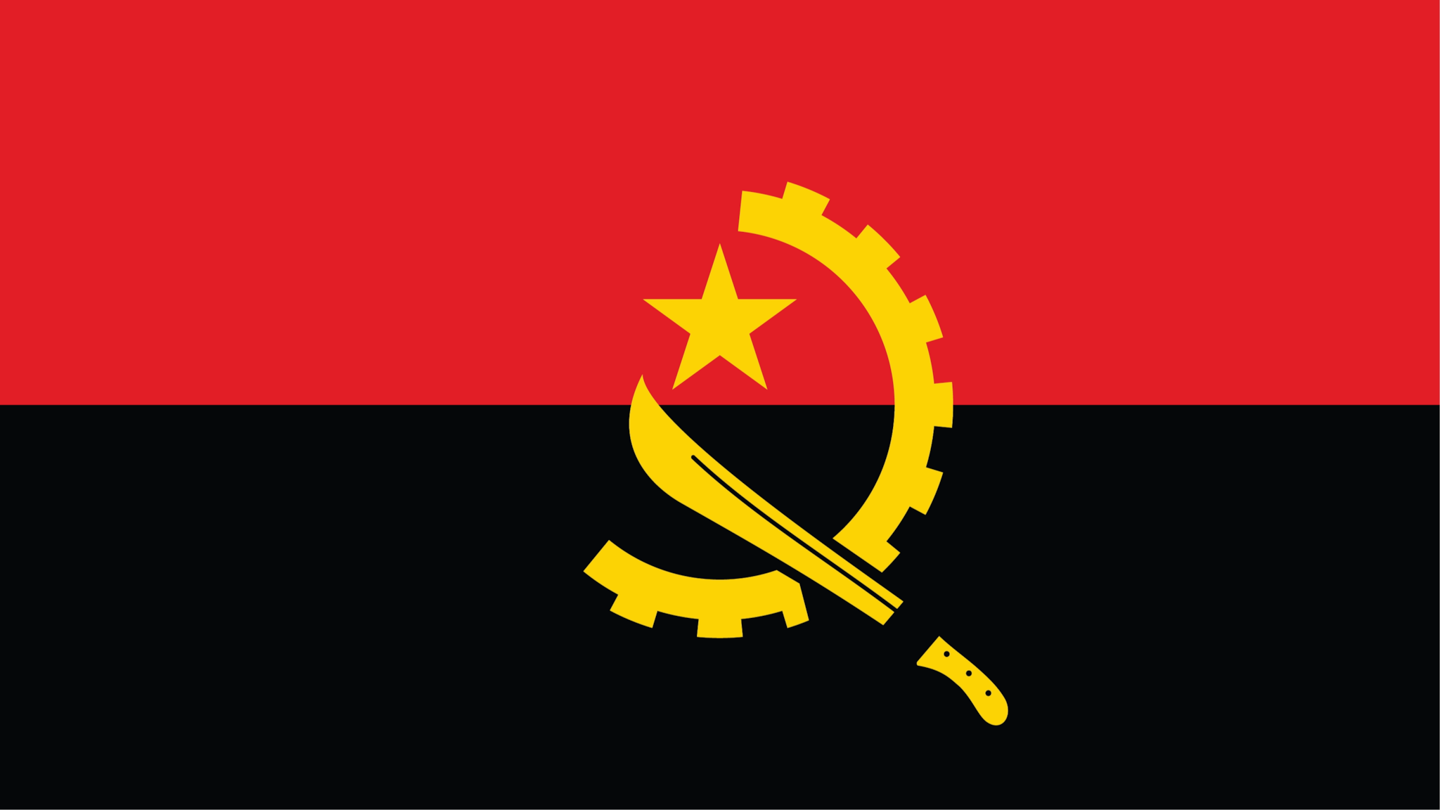 Two horizontal bands of red and black. There is a yellow icon (half gearwheel and machete with a yellow star) placed in the middle of the stripes.