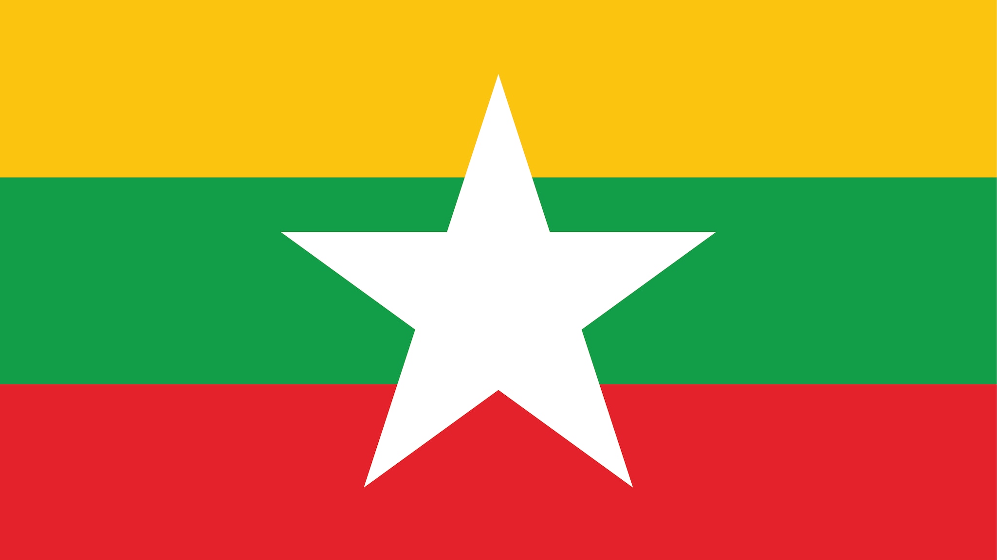 The flag of Burma consists of three horizontal stripes of yellow, green, and red from top to bottom. The yellow stripe is the top one, the green stripe is in the middle, and the red stripe is at the bottom.
