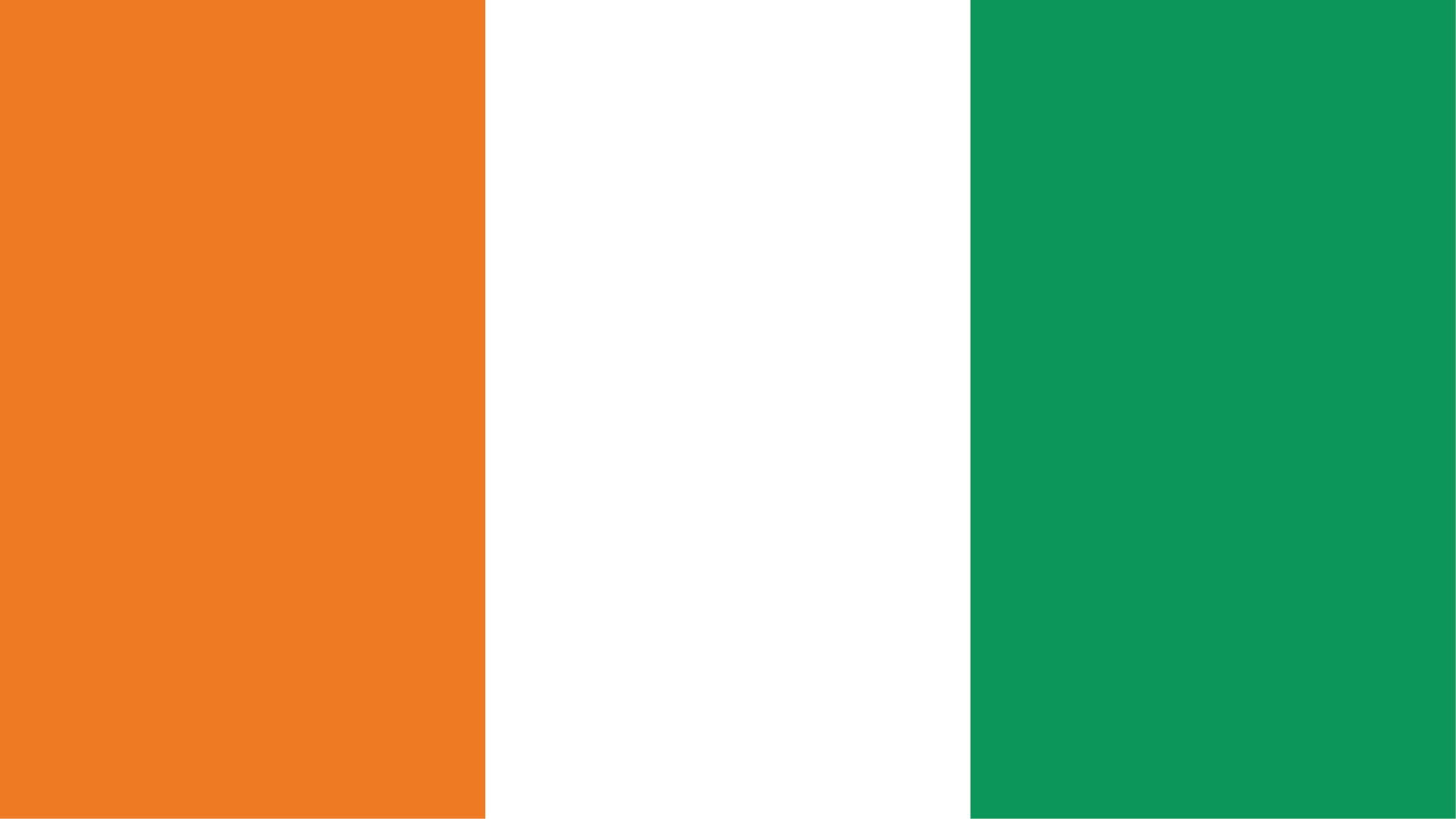 Flag of Côte d'Ivoire. Contains three equal vertical bands of orange (hoist side), white, and green.