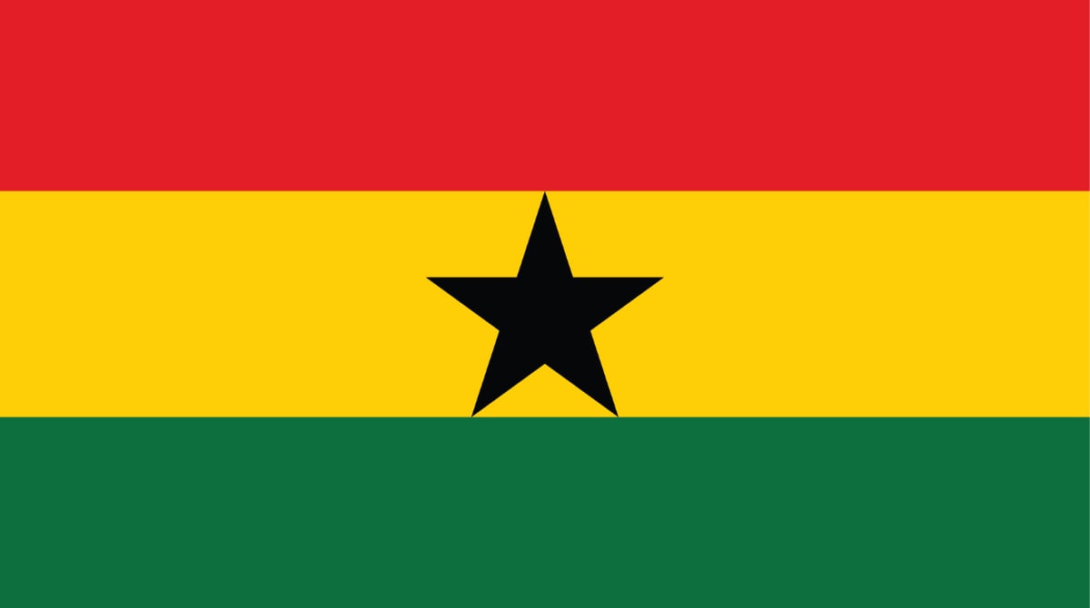Ghana's country flag represented by 3 horizontal stripes in the colors of red, yellow, and green stripes. A single black star sits in the middle of the yellow stripe.