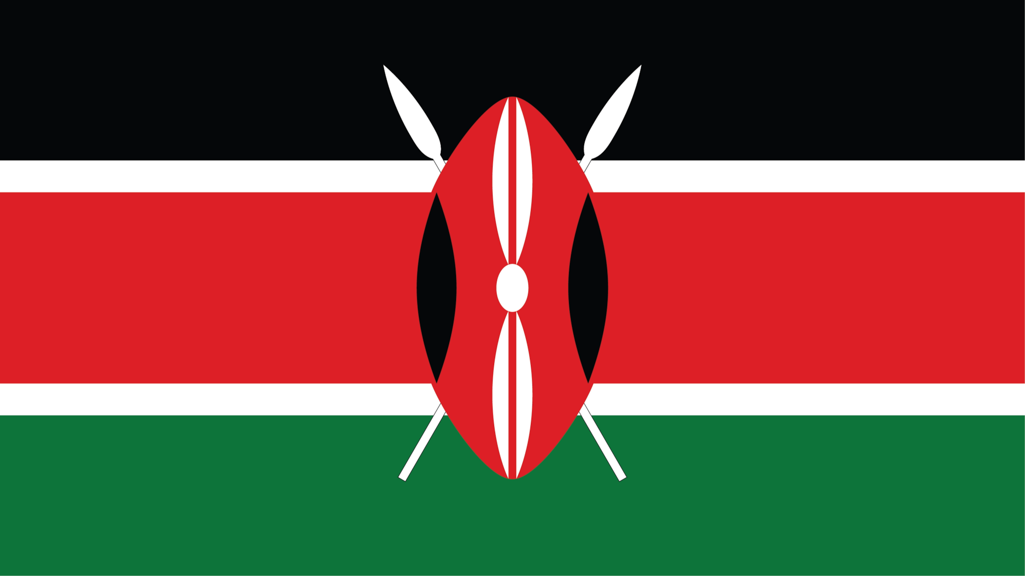Three equal horizontal bands of black (top), red, and green; the red band is edged in white; a large Maasai warrior's shield covering crossed spears is superimposed at the center. The Maasai are a Nilotic ethnic group inhabiting northern, central and southern Kenya and northern Tanzania.