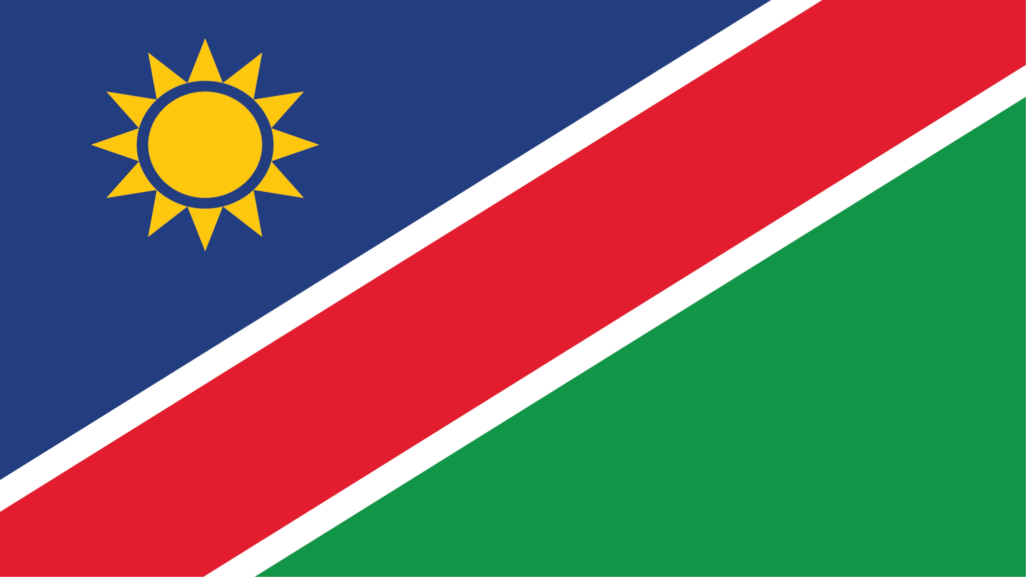 The Namibian flag has two horizontal stripes: blue on top, green on bottom. In the top left corner, there's a diagonal red stripe outlined in white. Inside the red stripe, there's a golden sun with twelve triangular rays.