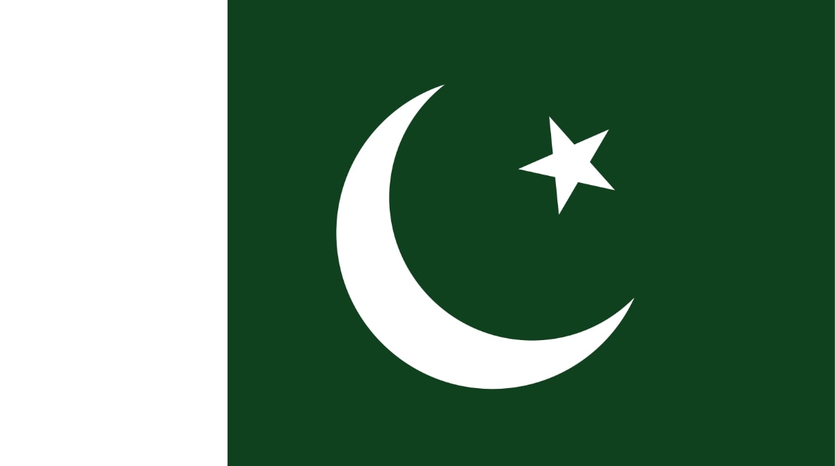 Green with a vertical white band on the left (hoist) side. A large white crescent and star are centered in the green field.