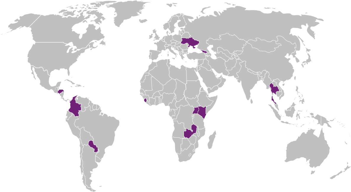 World map with ten countries highlighted (Honduras, Colombia, Paraguay, Sierra Leone, Uganda, Kenya, Zambia, Thailand, Ukraine, and Georgia).