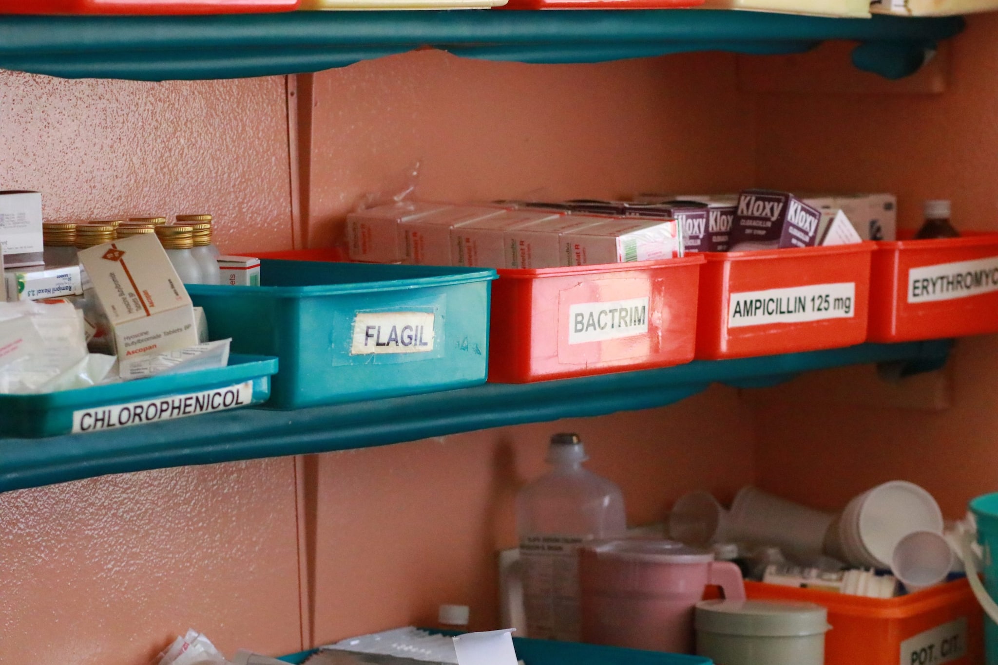 Bins of medications in a TB clinic in Eswatini