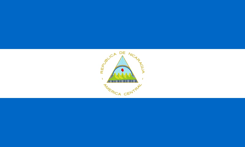 The flag of Nicaragua has a blue strip on top, a white strip in the middle with a pyramid, and a blue flag on the bottom.