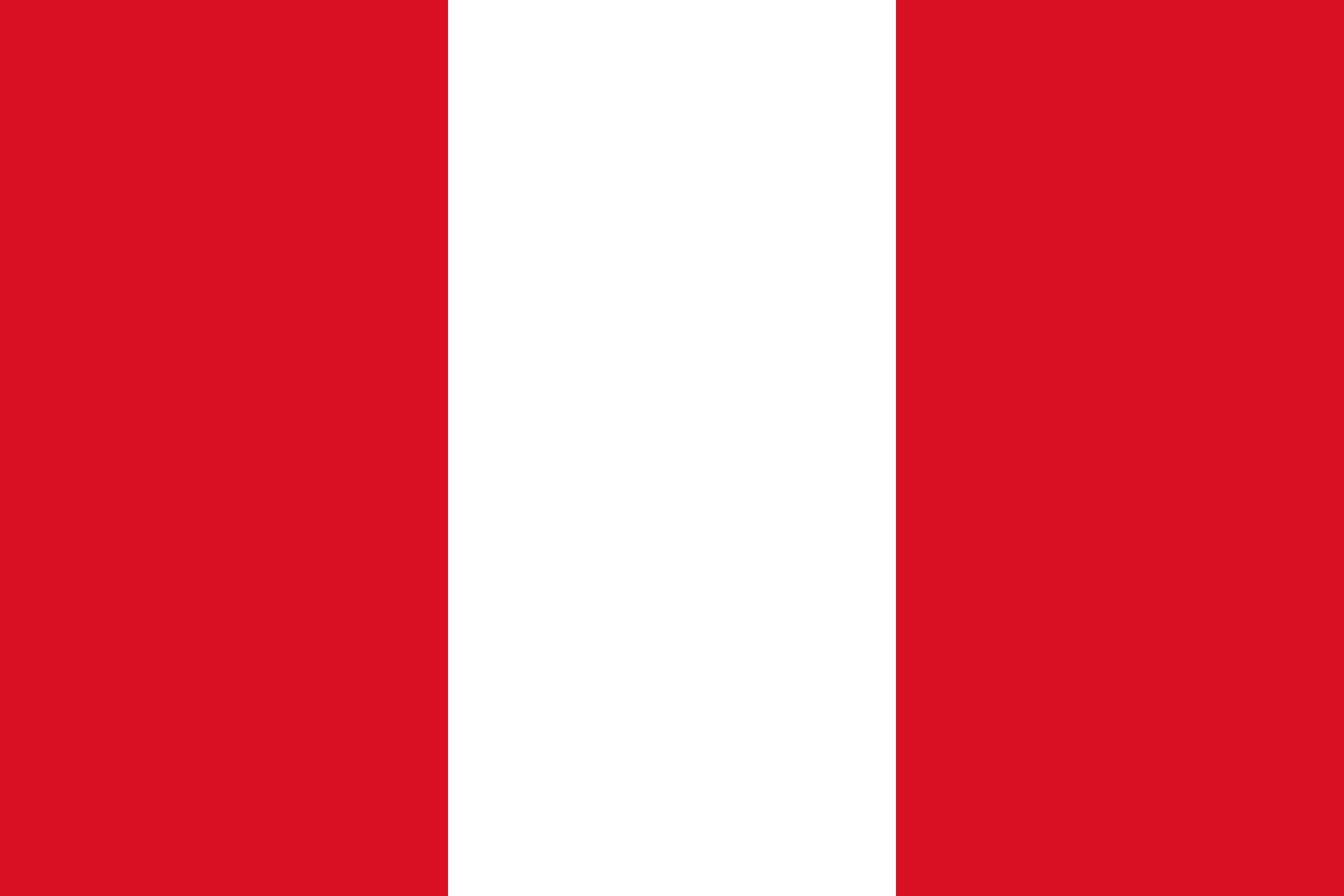 The flag of Peru has a red strip on the far right, a white strip in the middle, and a red strip on the far left.