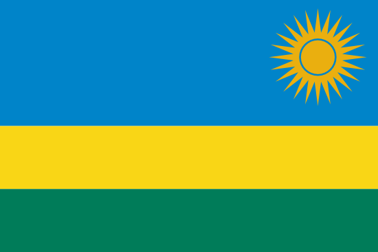 Rwanda's flag has a thick blue strip at the top, followed by a yellow strip and then a green strip.