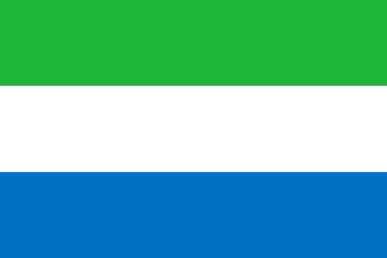 Flag of Sierra Leone has a green strip at the top, white strip in the middle, and blue strip on the bottom.
