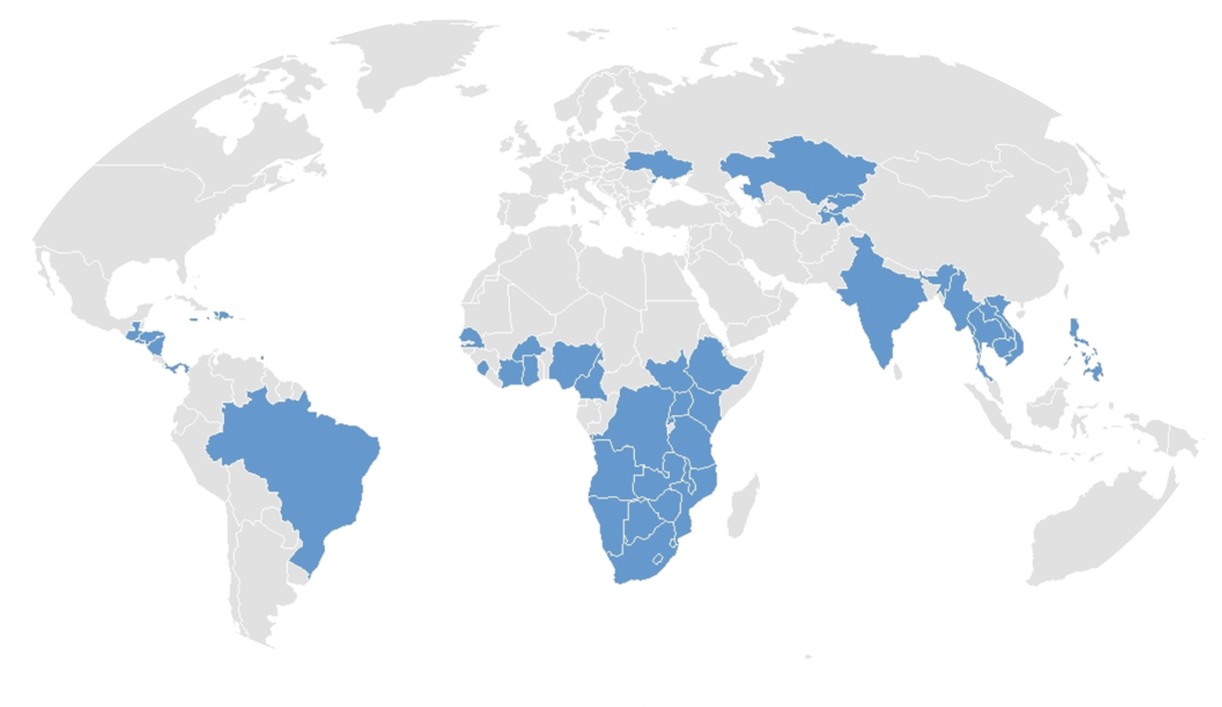 Map with countries where CDC supports laboratories or point-of-care testing sites shaded in blue