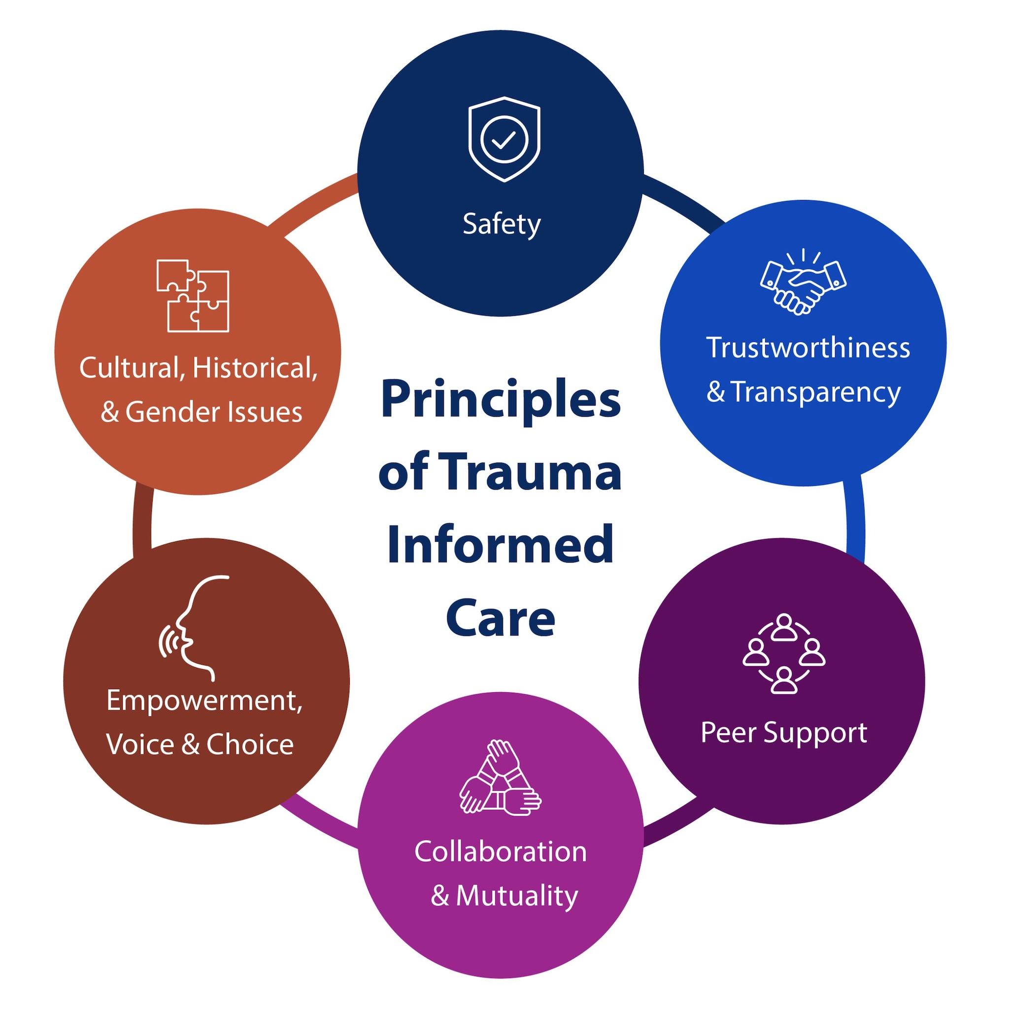 Principles of trauma-informed care: safety; trustworthiness and transparency; peer support; collaboration and mutuality; empowerment, voice, and choice; cultural, historical, gender issues