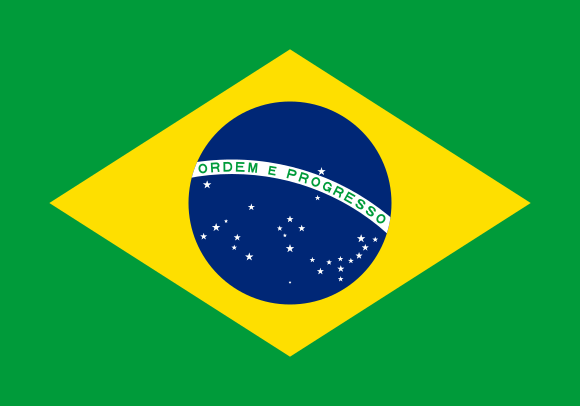 The flag of Brazil features a green field with a yellow diamond, a blue globe with white stars, and a white band.