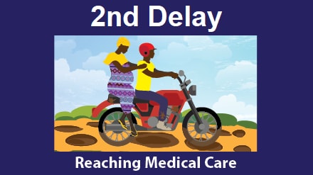 Second delay: Reaching medical care. A pregnant woman on motorcycle taxi driving on dirt road full of potholes.
