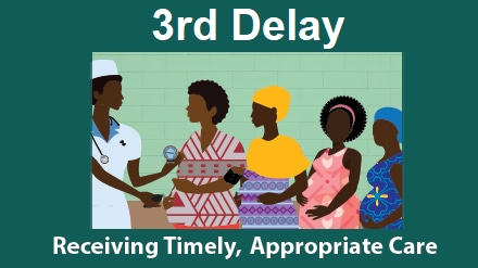 Third delay: Receiving timely, appropriate care. A health provider interacts with the first person in a line of pregnant women who are waiting for care.