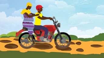 pregnant woman and man riding motorcycle on dirt road
