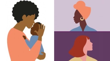 profiles of women and woman holding infant