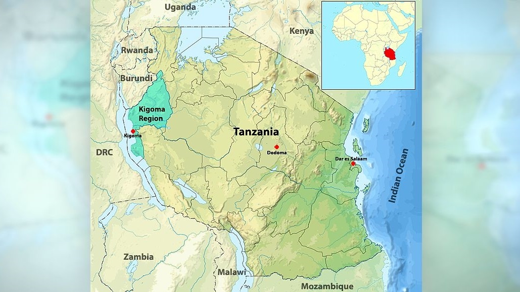 map of Tanzania in East Africa with Kigoma Region highlighted in the country's north west area.