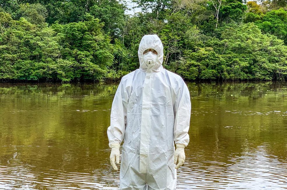 Colombia FETP resident wearing personal protective equipment (PPE) investigating COVID-19 in the Amazonas state of Colombia.