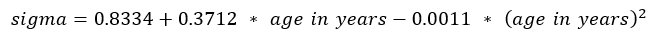 data-file-formula19 Sigma equals 0.8334 plus product of 0.3712 times age in years minus the product of 0.0011 times the age in years squared.