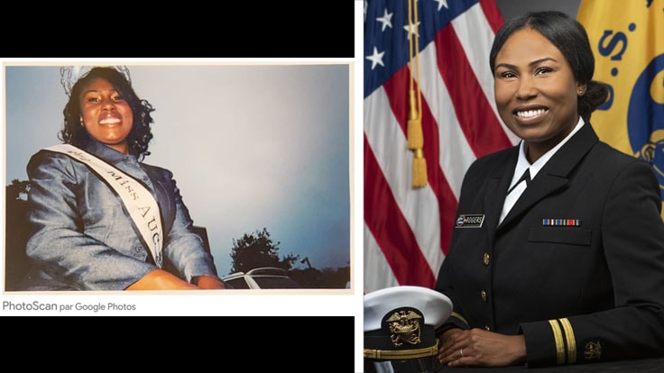 Two photos of Tia Rogers. In one, she is in a tiara and sash, and in the other she is in military uniform.