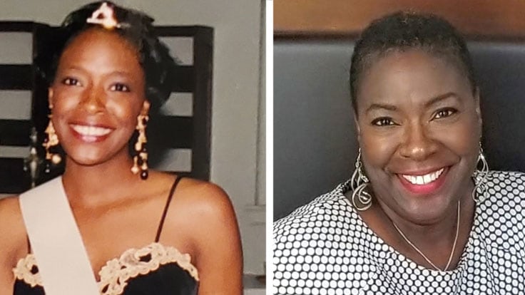 Photo of Zoe Fludd wearing a tiara and sash as an undergrad at Paine College alongside a recent photo