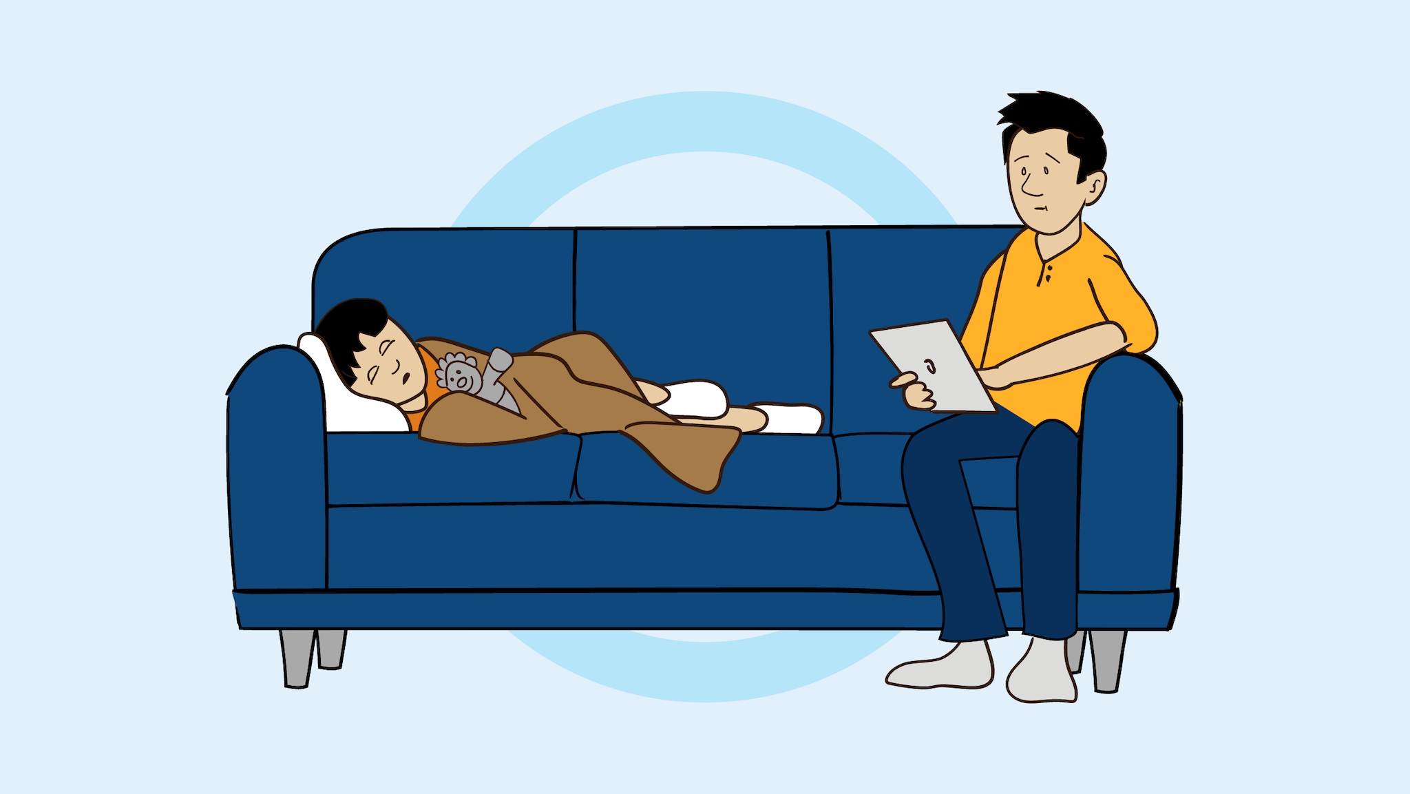 Animated boy sleeping on couch. Dad sitting on end of couch watching over.