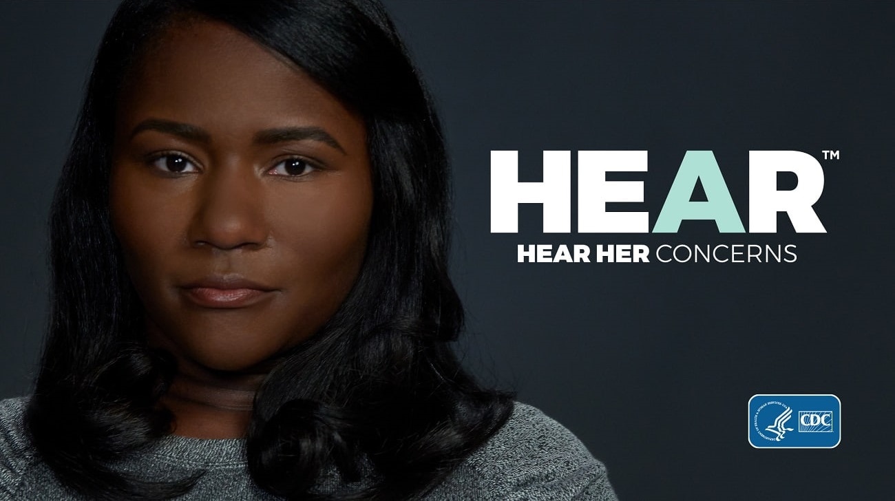 Woman looking forward and the Hear Her logo